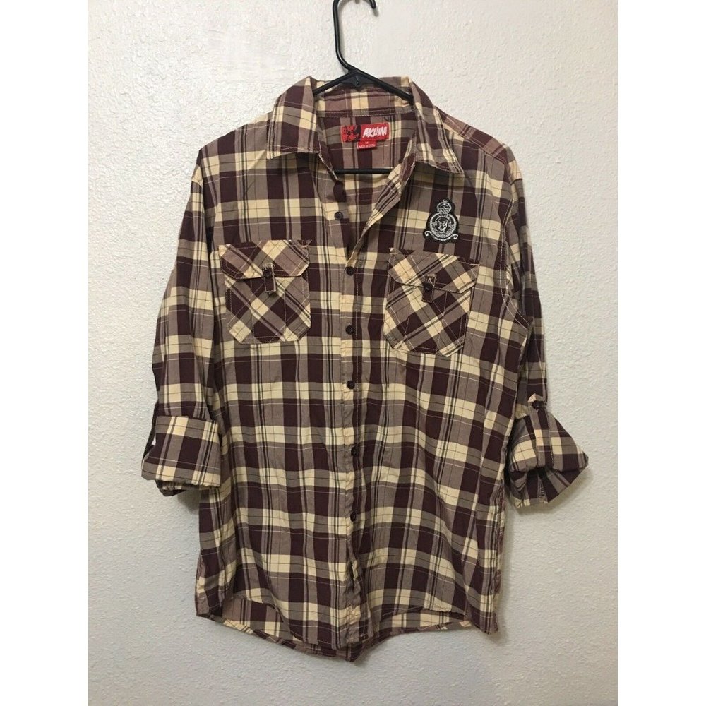 Akuma Akuma Streetfighter Patch Plaid Casual Button Down Shirt Men's Size M
